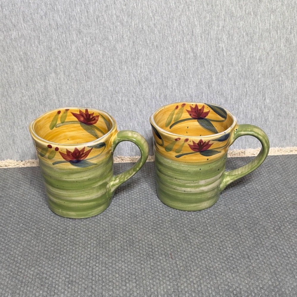 Pier 1 Elizabeth Handpainted Stoneware Mugs Green Yellow Floral Set of 2